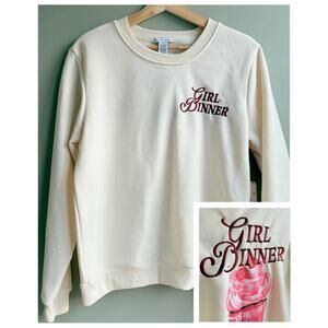 NEW Embroidered Girl Dinner Cupcake Graphic Crewneck Sweatshirt Cream Pink M